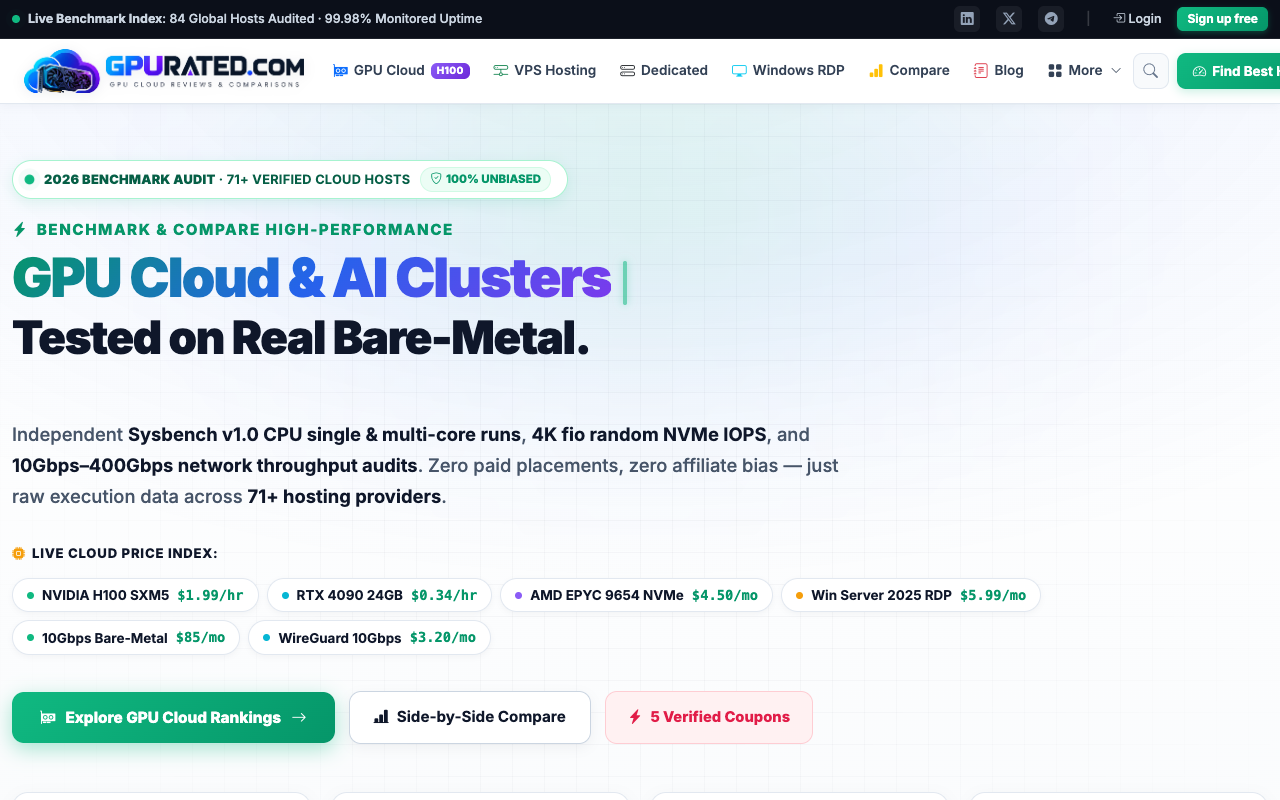 GPURated.com Cloud GPU Rental and VPS Hosting Benchmark Platform 2026